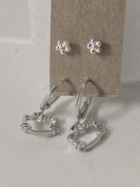 Hello Kitty Silver Tone Hoop Earrings & Floral Studs 2pk